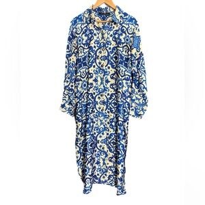 Malachite blue on white filigree pattern long sleeve modest midi dress